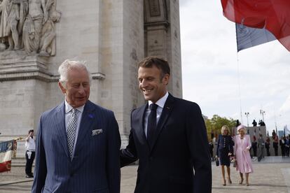 Britain's King Charles III and French President Emmanuel Macron attend a remembrance ceremony at Arc de Triomphe in Paris, France, on September 20, 2023.