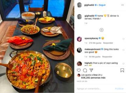 La imagen de la paella de Gigi Hadid. Se le podrán achacar muchas cosas, pero no que no parezca algo sano. En 20 minutos ya estás para salir a correr