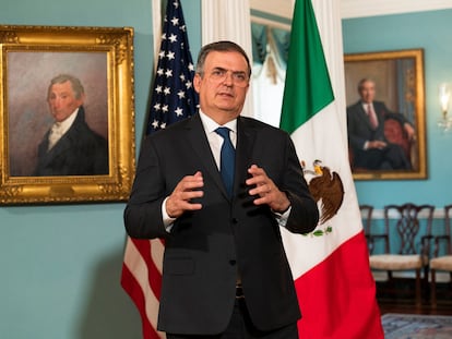 El canciller mexicano, Marcelo Ebrard, en una rueda de prensa en Washington, el 3 de mayo de 2022.