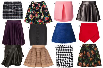 1. Zara De tweed con cremalleras. 2. Asos De vuelo con print de flores. 3. Simone Rocha Con doble capa. 4. Olympi Le-Tan De vuelo de cuero. 5. Topshop Plisada. 6. Isabel Marant Recta de paño con volante vertical. 7. Alice + Olivia Acampanada de tweed. 8. SuiteBlanco Cruzada. 9. Jay Ahr  De cuero con volante asimétrico.  10. Red Valentino De vuelo con capa de tul y ribete de cuero. 11. Mango Con print de pata de gallo. 12. Miu Miu De vuelo con print de flores.