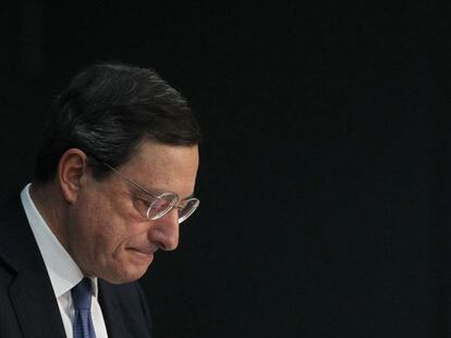 El presidente del BCE, Mario Draghi, ayer durante la rueda de prensa mensual en Fráncfort.