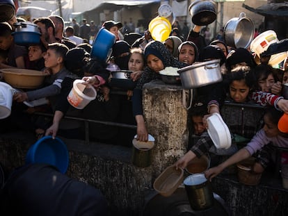 Palestinos intentan conseguir comida en Rafah, al sur de la Franja.