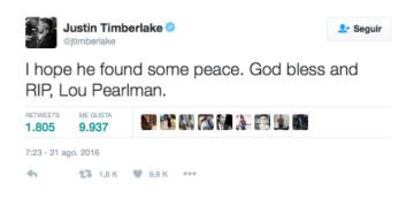 El tuit de Justin Timberlake que dice "Espero que encontrase algo de paz. Dios te bendiga y descansa en paz, Lou Pearlman".