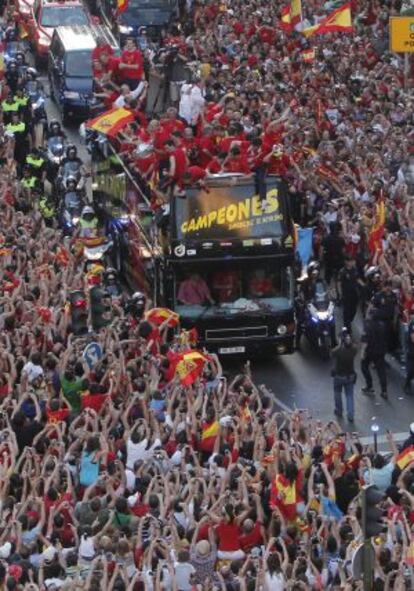 La selección española de fútbol es recibida en Madrid tras la victoria en el Mundial de Fútbol de Sudáfrica 2010.