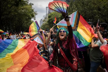Contingentes de la comunidad trans cargaron una bandera de la divesidad durante todo el recorrido de la marcha LGBTQ+.