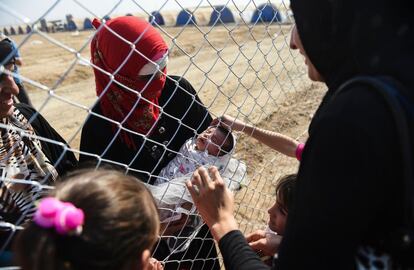 Desplazados iraquíes que huyeron de Mosul se reúnen con sus familiares, que llegaron en 2014 al campo de refugiados de la zona Khazer.