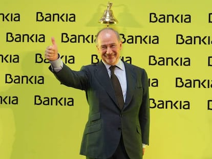 Rodrigo Rato, exministro y expresidente de Bankia, en el toque de campana de  la salida a Bolsa en julio de 2011.