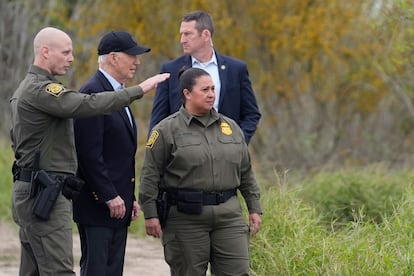 President Joe Biden talks with the U.S. Border Patrol  in Brownsville, Texas