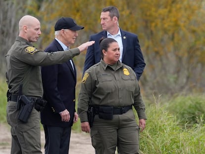 President Joe Biden talks with the U.S. Border Patrol, as he looks over the southern border, Thursday, Feb. 29, 2024, in Brownsville, Texas, along the Rio Grande.