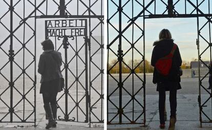 Imágenes en las que aparece la puerta con la inscripción 'Arbeit macht frei' , a la izquierda, y a la derecha la entrada sin ella.