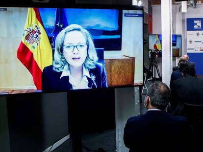 Nadia Calviño, durante su participación a través de una videoconferencia en el XXV Encuentro de Economía de S'Agaró. 