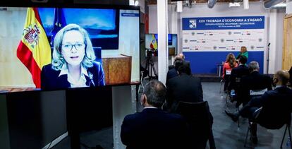 Nadia Calviño, durante su participación a través de una videoconferencia en el XXV Encuentro de Economía de S'Agaró. 