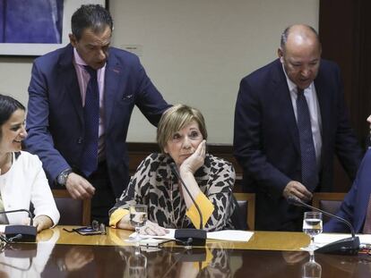 La presidenta de la Comisión de Seguimiento del Pacto de Toledo, Celia Villalobos (c), conversa con los integrantes de dicha comisión, José María Barrios (2d), Rafael Merino (2i), Carmen Rocío Cuello (i), el 19 de junio.