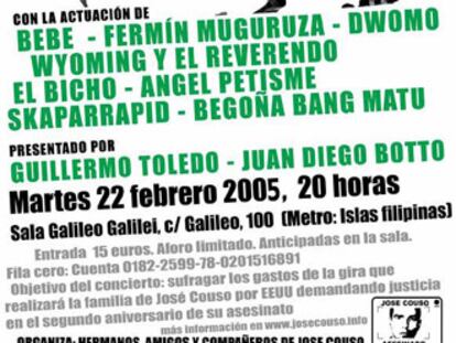 Cartel del concierto, en el que actuarán Bebe, Fermín Muguruza, Gran Wyoming y El Bicho, entre otros.