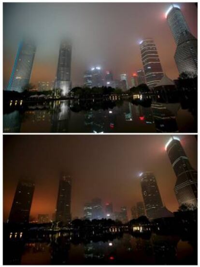 Una fotografía muestra la combinación del distrito financiero de Pudong antes (arriba) y durante la Hora del Planeta en Shanghai, China, 19 de marzo de 2016.