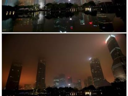 Una fotografía muestra la combinación del distrito financiero de Pudong antes (arriba) y durante la Hora del Planeta en Shanghai, China, 19 de marzo de 2016.
