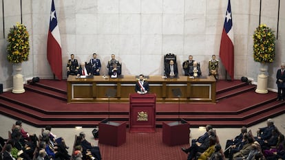 Gabriel Boric habla durante la presentación de la Cuenta Pública 2023 en el Congreso Nacional, en Valparaíso (Chile).