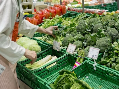 Un puesto de verduras en un supermercado.