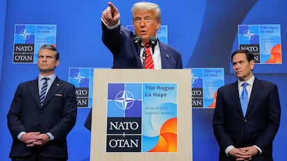 U.S. President Donald Trump speaks at a press conference, as Secretary of Defense Pete Hegseth and Secretary of State Marco Rubio stand, at the NATO summit in The Hague, Netherlands, June 25, 2025.