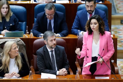 La presidenta de la Comunidad de Madrid, Isabel Daz Ayuso, interviene este jueves en la Asamblea de Madrid que celebra su primer pleno ordinario de 2025. 