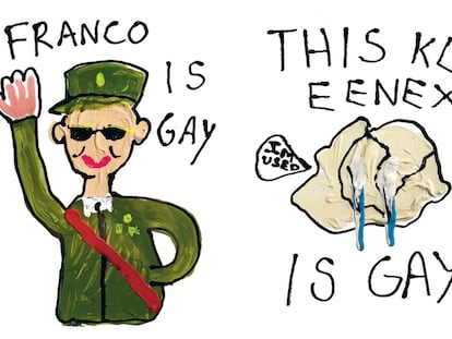 Dos ejemplos de la obra de Pepo Moreno: "Franco es gay" y "Este clínex es gay"