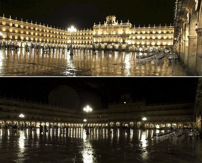 La Plaza Mayor de Salamanca, antes y después del apagón.