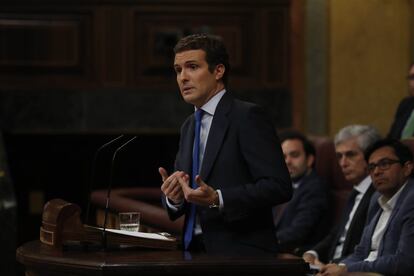 El líder del PP Pablo Casado, interviene en su turno de réplica.