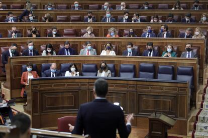 El presidente del Gobierno, Pedro Sánchez, interviene en la sesión de control al Gobierno en el Congreso de los Diputados, el 15 de septiembre de 2021.