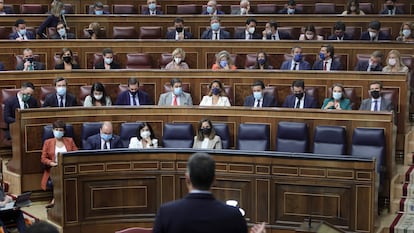 El presidente del Gobierno, Pedro Sánchez, interviene en la sesión de control al Gobierno en el Congreso de los Diputados, el 15 de septiembre de 2021.