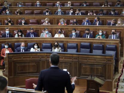 El presidente del Gobierno, Pedro Sánchez, interviene en la sesión de control al Gobierno en el Congreso de los Diputados, el 15 de septiembre de 2021.