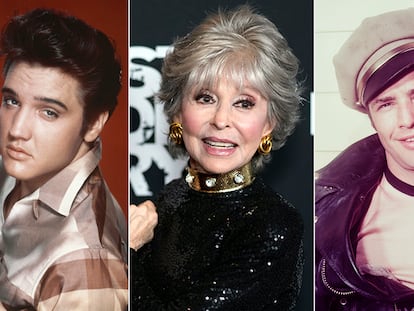 De izquierda a derecha, Elvis Presley, Rita Moreno (en noviembre de 2021) y Marlon Brando.