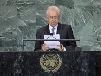 El primer ministro italiano, Mario Monti, interviene ante la Asamblea General de la ONU en la sede de Naciones Unidas en Nueva York, Estados Unidos.