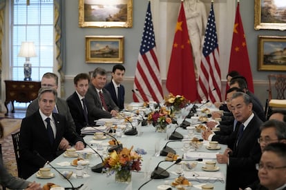 U.S. Secretary of State Antony Blinken meets with Chinese Foreign Minister Wang Yi at the State Department in Washington, October 27, 2023.