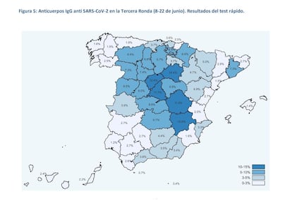 A map showing the prevalence of citizens with coronavirus antibodies in Spain, according to the last wave of a three-part survey.
