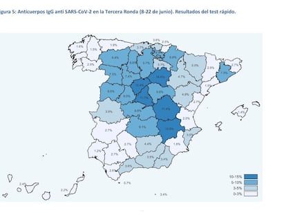 A map showing the prevalence of citizens with coronavirus antibodies in Spain, according to the last wave of a three-part survey.