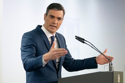 Pedro Sánchez, en una rueda de prensa en el palacio de la Moncloa.