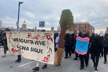 Demonstrators protest the death of an environmental activist, who went by Tortuguita, in Atlanta on Saturday, Jan. 21, 2023. Tortuguita was killed Wednesday, Jan. 18, after authorities said the 26-year-old shot a state trooper.  Activists have questioned officials’ version of events, demanding an independent investigation. (AP Photo/R.J. Rico)