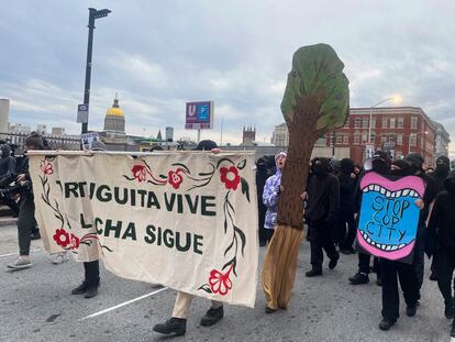 Demonstrators protest the death of an environmental activist, who went by Tortuguita, in Atlanta on Saturday, Jan. 21, 2023. Tortuguita was killed Wednesday, Jan. 18, after authorities said the 26-year-old shot a state trooper.  Activists have questioned officials’ version of events, demanding an independent investigation. (AP Photo/R.J. Rico)