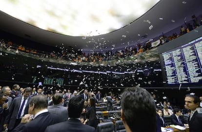Na Câmara, manifestantes lançam cédulas falsas de dólar com imagem de Rousseff.