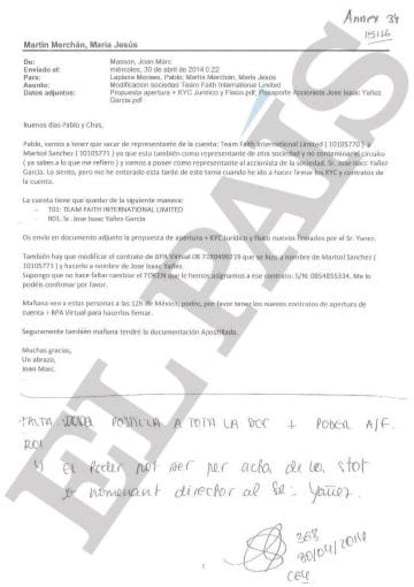 Correo remitido a sus colaboradores por el exempleado de la Banca Privada d'Andorra Joan March Masson el 30 de abril de 2014.