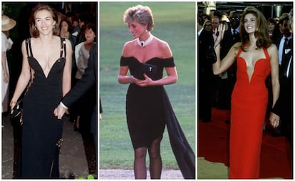 <p>Gianni Versace vistió, entre otros, a la princesa Diana, Madonna, Sting, Elton John, Demi Moore, Kim Basinger, Courtney Love, Prince y Michael Jackson. Con una cartera de clientas de renombre, no es de extrañar que algunos de su vestidos se hayan convertido en iconos. </p> <br> <p> <p>De izquierda a derecha: el vestido negro con aperturas de imperdibles con el que Elizabeth Hurley acudió al estreno de ‘Cuatro bodas y un funeral’ en Londres, en mayo de 1994. Diana de Gales, con un vestido negro que causó sensación y supuso un golpe de Estado en su armario tras su separación de Carlos de Inglaterrra. De hecho se comenta que el diseñador le llegó a ofrecer a Lady Di un millón de libras para que protagonizara una de sus campañas, algo que nunca ocurrió. Y, a la derecha, la modelo Cindy Crawford con un vestido rojo de impresión en la alfombra roja de los premios Oscar de 1991, cuando acompañaba a su entonces marido, el actor Richard Gere. </p> <br> <p>