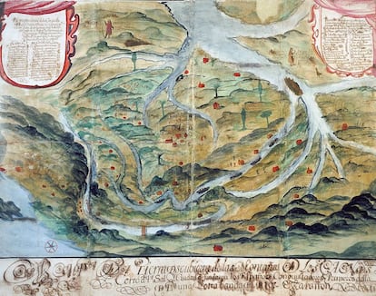Mitos nos Andes. Esse mapa documenta uma região localizada nas margens do rio Marañón, no Peru. Os indígenas aparecem vestidos nas regiões conquistadas e nus nas que ainda estão livres. O explorador Salgado de Araujo o usou para convencer a Coroa que deveria retornar à região: lá, descrevia, era possível encontrar “esmeraldas aos montes”.