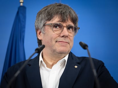 Carles Puigdemont durante la rueda de prensa de este lunes desde Argelès.