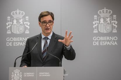 El ministro de Sanidad, Salvador Illa, durante una rueda de prensa ofrecida en el Ministerio de Sanidad.