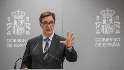 El ministro de Sanidad, Salvador Illa, durante una rueda de prensa ofrecida en el Ministerio de Sanidad.