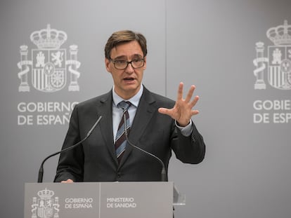 El ministro de Sanidad, Salvador Illa, durante una rueda de prensa ofrecida en el Ministerio de Sanidad.