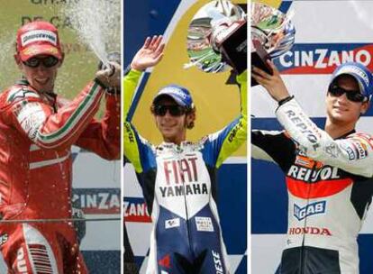 Casey Stoner, Valentino Rossi y Dani Pedrosa, en el podio.