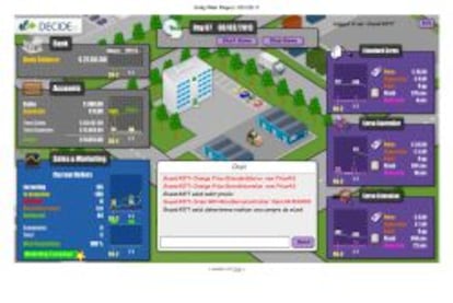 Varias de las ventanas del videojuego, con el saldo de la cuenta bancaria, la cuenta de resultados y la información de ventas y marketing.