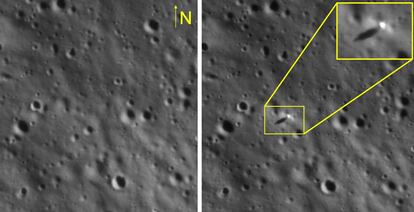 La cámara de alta resolución del orbitador lunar de la NASA captaba el 23 de agosto esta imagen de la posición en la que había aterrizado unas horas antes la misión Chandrayaan-3 entre algunos cráteres lunares.