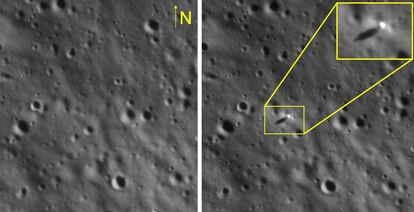 La cámara de alta resolución del orbitador lunar de la NASA captaba el 23 de agosto esta imagen de la posición en la que había aterrizado unas horas antes la misión Chandrayaan-3 entre algunos cráteres lunares.